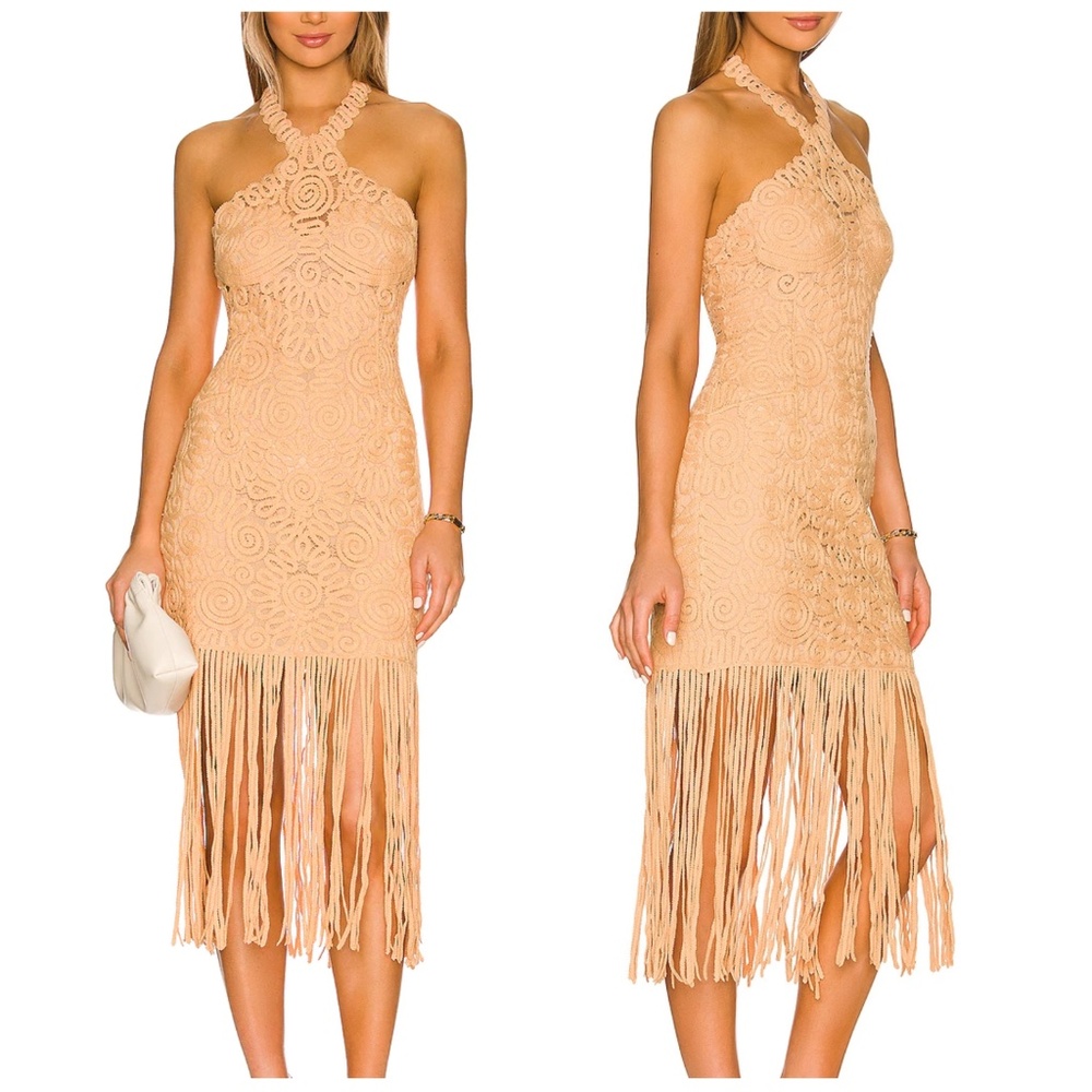 NWT Jonathan Simkhai Alisa Fringe Midi Crochet Dress Size 6 Rattan NEW